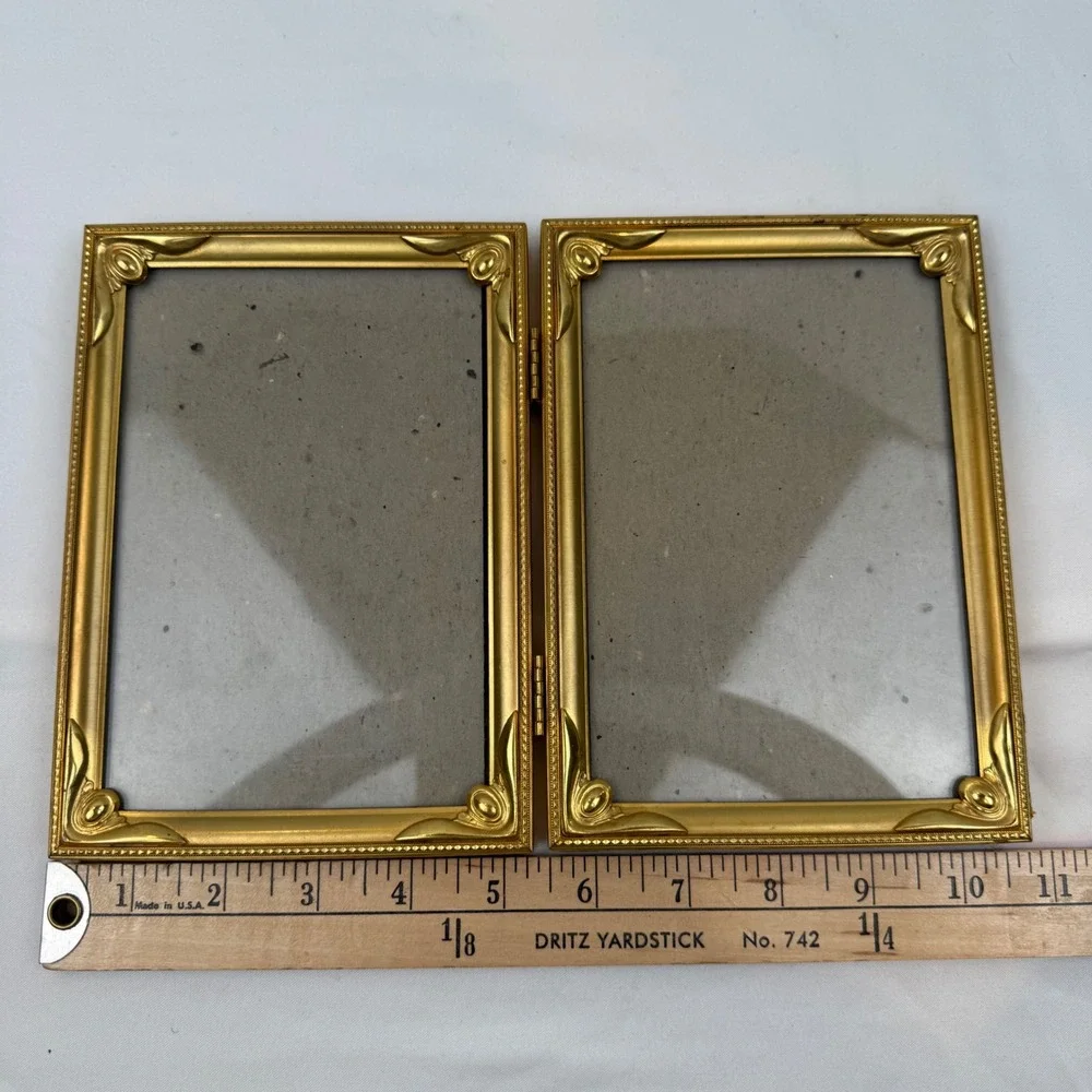 Vintage Gold Tone Metal Double Folding Picture Frame Ornate Bifold 5x7 Portrait